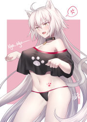 Rule 34 | 1girl, ahoge, anger vein, animal ears, bare shoulders, black panties, black shirt, blush, border, breasts, cat ears, cat tail, cleavage, collar, crop top, crop top overhang, fang, fate/grand order, fate (series), gogatsu fukuin, hair between eyes, highres, hip focus, jeanne d&#039;arc alter (swimsuit berserker) (fate), jeanne d&#039;arc (fate), jeanne d&#039;arc alter (fate), jeanne d&#039;arc alter (swimsuit berserker) (fate), large breasts, long hair, navel, off shoulder, pale skin, panties, paw pose, paw print, pink background, shirt, silver hair, solo, spoken anger vein, stomach tattoo, tail, tattoo, thighs, underwear, very long hair, white border, yellow eyes