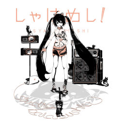 Rule 34 | 1girl, animal ears, black hair, bowl, cat, cat ears, computer, food, guitar, hatsune miku, highres, instrument, laptop, long hair, monochrome, mouth hold, shoes, sneakers, socks, solo, twintails, very long hair, vocaloid
