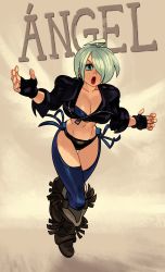 Rule 34 | 1girl, alex ahad, angel (kof), blue eyes, boots, breasts, cleavage, cowboy boots, full body, gloves, hair over one eye, highres, jacket, large breasts, navel, panties, solo, the king of fighters, the king of fighters xv, thigh gap, underwear, white hair