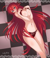 Rule 34 | 10s, 1girl, 2013, ahoge, bad id, bad pixiv id, blue eyes, blush, bra, breasts squeezed together, breast suppress, breasts, checkered background, cleavage, dated, ginko (silver fox), hair between eyes, high school dxd, huge ahoge, large breasts, long hair, looking at viewer, navel, panties, red bra, red hair, red panties, rias gremory, smile, solo, underwear, underwear only, very long hair