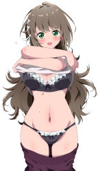 Rule 34 | 1girl, absurdres, black bra, black panties, bra, breasts, brown hair, cleavage, clothes lift, clothes pull, commentary request, cowboy shot, dressing, eggman (pixiv28975023), flying sweatdrops, frilled bra, frilled panties, frills, green eyes, hair ornament, highres, long hair, looking at viewer, md5 mismatch, medium breasts, miyazawa fuuka, navel, open mouth, panties, purple skirt, revision, shiroi suna no aquatope, shirt, shirt lift, simple background, skirt, skirt pull, smile, solo, standing, thighs, underwear, undressing, white background, white shirt