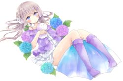 Rule 34 | 1girl, absurdres, bad id, bad pixiv id, bare shoulders, blue eyes, blue flower, blue umbrella, blush, boots, closed mouth, collarbone, commentary request, dress, flower, grey hair, hair between eyes, hair ornament, hairclip, highres, hydrangea, jacket, knee boots, long hair, lying, off-shoulder jacket, off shoulder, on back, original, pleated dress, purple flower, purple footwear, purple jacket, simple background, solo, teruterubouzu, tsukiyo (skymint), umbrella, very long hair, water drop, white background, white dress