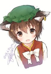 Rule 34 | 1girl, 2016, animal ears, brown eyes, brown hair, cat ears, chen, dated, earrings, fushimi sameta, hat, jewelry, mob cap, multiple tails, nekomata, open mouth, short hair, signature, simple background, single earring, solo, tail, touhou, white background