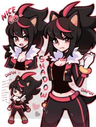 Rule 34 | 1girl, animal ears, arm at side, artist name, belt, black choker, black hair, black jacket, black pants, black shirt, blush, border, breasts, character name, chibi, chibi inset, choker, cleavage, clenched hand, closed mouth, collarbone, cowboy shot, cropped jacket, english text, female focus, fur-trimmed jacket, fur trim, genderswap, genderswap (mtf), grey background, hand up, heart, heart background, highres, humanization, jacket, long hair, looking at viewer, medium breasts, meme, midriff, multicolored hair, multiple views, navel, nice cock (meme), open clothes, open jacket, open mouth, outline, outside border, pants, ponytail, red eyes, red footwear, red hair, red outline, shadow the hedgehog, shirt, shoes, sidelocks, sonic (series), standing, streaked hair, tail, talking, touyarokii, twitter username, two-tone hair, v-shaped eyebrows, watermark, white border