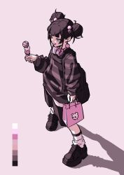 Rule 34 | 1girl, :q, bag, black footwear, black hair, black shorts, blunt bangs, blunt ends, color guide, double bun, from above, full body, gaako illust, grey background, hair bobbles, hair bun, hair ornament, headphones, headphones around neck, highres, holding, holding bag, holding ice cream cone, ice cream cone, long sleeves, original, shadow, shirt, shorts, sidelocks, socks, solo, standing, striped clothes, striped shirt, tongue, tongue out