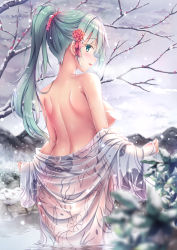 Rule 34 | 1girl, aqua eyes, aqua hair, back, blush, breasts, censored, censored nipples, cloud, floral print, flower, from behind, hair flower, hair ornament, hair up, highres, kantai collection, large breasts, long hair, mountain, no bra, onsen, open mouth, outdoors, partially submerged, ponytail, see-through, shirakawako, sky, snow, snowing, solo, suzuya (kancolle), tree, wading, water