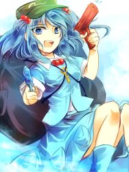 Rule 34 | 1girl, blue footwear, blue hair, boots, breasts, commentary request, flat cap, green hat, gun, hair bobbles, hair ornament, hat, holding, holding gun, holding weapon, kawashiro nitori, key, kutsuki kai, medium breasts, one-hour drawing challenge, open mouth, pocket, rubber boots, short hair, short sleeves, solo, teeth, touhou, two side up, upper teeth only, weapon
