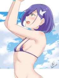 Rule 34 | 1girl, 9rimson, arms up, bikini, blush, breasts, cloud, cloudy sky, commentary, copyright request, darling in the franxx, dated, day, from side, green eyes, hair ornament, highres, ichigo (darling in the franxx), large areolae, looking to the side, medium hair, micro bikini, navel, nipple slip, nipples, open mouth, parted bangs, purple hair, signature, sky, small breasts, solo, swimsuit, teeth, upper body, upper teeth only