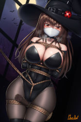 Rule 34 | 1girl, absurdres, arms behind back, artist name, bat (animal), bdsm, between breasts, between legs, black choker, black gloves, black hat, black leotard, black pantyhose, blush, bondage, bound, breasts, broom, brown eyes, buckle, choker, cleavage, cloth gag, collarbone, covered navel, cowboy shot, elbow gloves, full moon, gag, gagged, gloves, hair between eyes, halloween, hat, heavy breathing, highres, improvised gag, indoors, large breasts, leash, leotard, looking at viewer, mask, moon, mouth mask, night, night sky, original, over the nose gag, pantyhose, playboy bunny, plusout, red eyes, rope, shibari, shibari over clothes, skindentation, sky, solo, strapless, strapless leotard, wide hips, window, witch hat