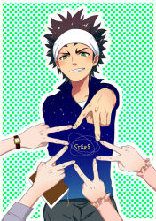 Rule 34 | 1boy, blue shirt, copyright name, dotted background, fukami fitzgerald arashi, gendayone, green eyes, headband, long sleeves, notebook, shirt, simple background, spiked hair, st&amp;rs, v, watch, white headband, wristwatch