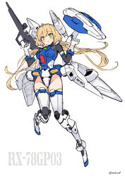 Rule 34 | 1girl, :o, blonde hair, blush, boots, breasts, clenched hands, floating, gloves, gun, gundam, gundam 0083, gundam gp-03 stamen, head tilt, highres, holding, holding gun, holding weapon, i.takashi, leotard, long hair, looking down, mecha musume, medium breasts, open mouth, personification, shield, sketch, solo, thigh boots, thighhighs, twintails, very long hair, weapon, white background, white gloves