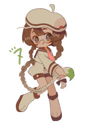 Rule 34 | 1girl, absurdres, blush, braid, brown-framed eyewear, brown eyes, brown hair, closed mouth, creatures (company), eyebrows, full body, game freak, gen 2 pokemon, glasses, hat, highres, long hair, long sleeves, looking at viewer, narumame, nintendo, personification, pokemon, smeargle, smile, solo, tail, tongue, tongue out, white hat