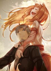 Rule 34 | 1boy, 1girl, animal ears, ayakura juu, beard, black jacket, closed eyes, closed mouth, cover, cover page, craft lawrence, dress, facial hair, fang, hand on another&#039;s chest, hand on another&#039;s shoulder, highres, holo, hug, hug from behind, jacket, long sleeves, novel cover, official art, open mouth, orange hair, pink shirt, profile, second-party source, shirt, shirt under dress, short hair, sideways mouth, sky, smile, spice and wolf, tail, teeth, upper teeth only, white dress, white hair, wolf ears, wolf girl, wolf tail