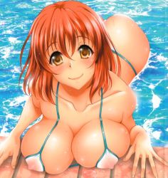Rule 34 | 1girl, blush, breasts, highres, kusui aruta, large breasts, looking at viewer, orange hair, short hair, smile, solo, swimsuit, water, yellow eyes