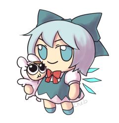Rule 34 | 1girl, 2girls, :t, animal costume, animal ears, animal hood, artist name, artist self-insert, blue bow, blue dress, blue eyes, blue footwear, blue hair, blue ribbon, bow, bowtie, carrying, carrying under arm, character doll, cheb, chibi, cirno, closed mouth, dress, full body, fumo (doll), hair bow, hair ribbon, hood, ice, ice wings, looking at viewer, multiple girls, pinafore dress, puffy short sleeves, puffy sleeves, rabbit costume, rabbit ears, rabbit hood, red bow, red bowtie, red ribbon, ribbon, short hair, short sleeves, simple background, skullchimes, sleeveless dress, smile, solo focus, touhou, v-shaped eyebrows, white background, wings