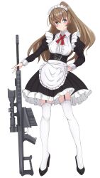Rule 34 | 1girl, alternate costume, apron, black dress, blue eyes, brown hair, dress, enmaided, frilled dress, frills, full body, garter straps, gun, hand on own hip, highres, kantai collection, kumano (kancolle), long hair, maid, maid headdress, nitamako (sakamalh), ponytail, rifle, simple background, sniper rifle, solo, thighhighs, weapon, weapon request, white apron, white background, white thighhighs