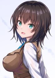 Rule 34 | 1girl, aoi erika, black hair, blue bow, bow, breasts, brown vest, green eyes, heaven burns red, highres, looking at viewer, looking back, looking to the side, medium breasts, open mouth, rgrey00, school uniform, shirt, short hair, solo, upper body, vest, white shirt