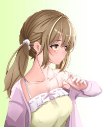 Rule 34 | 1girl, absurdres, akai watame, blush, breasts, brown eyes, brown hair, camisole, cardigan, closed mouth, commentary request, expressionless, gradient background, green background, hand up, highres, inaba haneru (animare), long hair, looking afar, low twintails, medium bangs, medium breasts, nanashi inc., open cardigan, open clothes, pink cardigan, solo, twintails, upper body, virtual youtuber, white background, yellow camisole