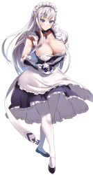 Rule 34 | 1girl, apron, azur lane, belfast (azur lane), black footwear, blue eyes, blush, braid, breasts, chain, cleavage, closed mouth, collar, collarbone, crossed legs, dress, elbow gloves, french braid, frilled gloves, frills, full body, gloves, highres, holding, holding teapot, large breasts, loafers, long hair, looking at viewer, maid, maid headdress, morimoto kiyona, pantyhose, shoes, sidelocks, silver hair, simple background, skindentation, smile, solo, teapot, watson cross, white background, white gloves, white pantyhose