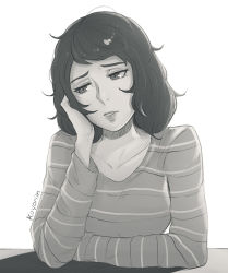 Rule 34 | 10s, 1girl, arm support, artist name, collarbone, commentary, greyscale, hand on own cheek, hand on own face, head tilt, kawakami sadayo, koyorin, lips, long sleeves, looking away, looking to the side, monochrome, parted lips, persona, persona 5, shirt, short hair, simple background, solo, striped clothes, striped shirt, table, tsurime, upper body, white background