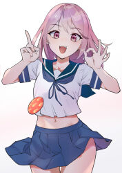 Rule 34 | 1girl, :d, alternate hairstyle, anniversary, blue neckerchief, blue sailor collar, blue skirt, commentary request, hair down, hands up, highres, kantai collection, looking at viewer, medium hair, midriff, navel, neckerchief, open mouth, pink eyes, pink hair, pleated skirt, rampage 2nd, sailor collar, sazanami (kancolle), school uniform, serafuku, shirt, short sleeves, simple background, skirt, smile, solo, teeth, upper teeth only, white shirt