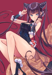 Rule 34 | 1girl, arm up, bare shoulders, black dress, black footwear, blue eyes, blunt bangs, breasts, closed mouth, commentary request, dress, fate/grand order, fate (series), floral background, hand up, high heels, highres, knees up, looking at viewer, medium breasts, purple hair, red background, shoes, simple background, sleeveless, sleeveless dress, smile, solo, twintails, yang guifei (fate), yang guifei (second ascension) (fate), yuko (uc yuk)