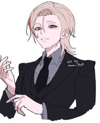 Rule 34 | 1boy, artist name, black jacket, black necktie, blonde hair, buttons, collared shirt, commentary, cropped torso, dress shirt, english commentary, facial mark, genshin impact, grey shirt, hair between eyes, hands up, jacket, lapels, long sleeves, looking at viewer, lyney (genshin impact), male focus, medium hair, multicolored hair, nana illust, necktie, parted bangs, parted lips, purple eyes, red hair, shirt, simple background, smile, solo, streaked hair, teardrop facial mark, upper body, white background, wing collar