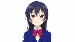 Rule 34 | 10s, 1girl, animated, animated gif, blazer, blue hair, blush, bow, bowtie, closed mouth, commentary request, gakuzan, hair between eyes, jacket, long hair, looking at viewer, love live!, love live! school idol project, otonokizaka school uniform, red bow, red bowtie, school uniform, simple background, smile, solo, sonoda umi, standing, striped bow, striped bowtie, striped clothes, striped neckwear, upper body, white background, yellow eyes