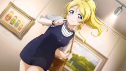 Rule 34 | 1girl, artist request, ayase eli, bag, blonde hair, blue eyes, blue pants, blush, bracelet, carrying bag, carrying over shoulder, earrings, female focus, frilled sleeves, frills, hair between eyes, jewelry, long hair, looking at viewer, love live!, love live! school idol festival, love live! school idol festival all stars, love live! school idol project, pants, parted lips, ponytail, shirt, smile, solo, striped clothes, striped shirt, white shirt