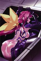 Rule 34 | 1girl, absurdres, ahoge, arms up, artist request, ass, bent over, bodysuit, bow, fortified suit, hair bow, highres, kagami sumika, long hair, looking back, low ponytail, mediaworks, muv-luv, muv-luv alternative, official art, pilot suit, red eyes, red hair, scan, see-through, see-through bodysuit, solo, very long hair