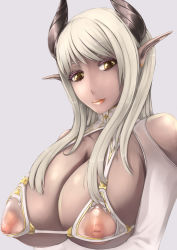 Rule 34 | 1girl, bonsuke, breasts, demon girl, female focus, highres, huge breasts, nipples, see-through, simple background, smile, solo, transparent, upper body, white hair, yellow eyes