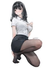 Rule 34 | 1girl, absurdres, black hair, black pantyhose, black skirt, breasts, button gap, collared shirt, commentary request, full body, hand up, highres, kioroshin, large breasts, legs, long hair, looking at viewer, office lady, original, pantyhose, parted lips, pencil skirt, shirt, shirt tucked in, short sleeves, signature, simple background, skirt, solo, squatting, white background, white shirt