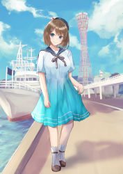 Rule 34 | 1girl, absurdres, beret, blue eyes, blue hat, blue sailor collar, blue sky, brown hair, cloud, commentary request, dress, gradient background, hair ornament, hat, headgear, highres, kantai collection, looking at viewer, maya (kancolle), maya kai ni (kancolle), miyako (rgrayt), sailor collar, sailor dress, ship, short hair, sky, solo, tower, watercraft, white dress, x hair ornament