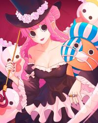 Rule 34 | 1girl, absurdres, bare shoulders, black dress, black eyes, braid, breasts, cleavage, collarbone, commentary, dress, flower, frilled dress, frilled sleeves, frills, hat, hat flower, highres, holding, holding umbrella, jewelry, juliet sleeves, long hair, long sleeves, off-shoulder dress, off shoulder, one piece, parted lips, perona, pink hair, pink lips, puffy sleeves, revision, ribbon, ring, rose, top hat, truejekart, twin braids, umbrella, upper body, very long hair, white flower, white ribbon, white rose