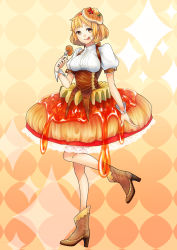 Rule 34 | 1girl, :p, absurdres, blonde hair, blouse, boots, brown eyes, brown footwear, bubble skirt, corset, food, food-themed clothes, food-themed hair ornament, food on face, fork, full body, gradient background, hair ornament, hairband, highres, looking at viewer, morinaga &amp; company, morinaga (brand), orange background, orange skirt, original, pancake, personification, satsuki kureharu, shirt, short hair, skirt, solo, standing, standing on one leg, syrup, tongue, tongue out, underbust, white shirt, yellow background
