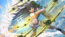 Rule 34 | 1girl, aircraft, airplane, armor, arrow (projectile), asymmetrical gloves, black hair, black thighhighs, blue eyes, blue sky, blush, cloud, commentary request, day, fingerless gloves, flight deck, fundoshi, furisode, gloves, hair between eyes, hair ornament, hair ribbon, highres, japanese clothes, kantai collection, katsuragi (kancolle), katsuragi kai (kancolle), kimono, long hair, looking at viewer, midriff, navel, ocean, open mouth, outdoors, pleated skirt, ponytail, ribbon, shinmai (kyata), skirt, sky, thighhighs, turret, uneven gloves, white ribbon