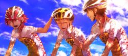 Rule 34 | 3boys, bicycle helmet, black hair, dappled sunlight, closed eyes, fingerless gloves, glasses, gloves, hand on another&#039;s face, hand on another&#039;s head, helmet, imaizumi shunsuke, kei (space sonic), looking at another, male focus, multiple boys, naruko shoukichi, onoda sakamichi, open mouth, red hair, short hair, sky, smile, sportswear, sunlight, sweat, tears, yowamushi pedal