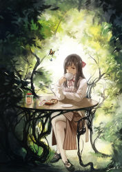 Rule 34 | 1girl, black footwear, blunt bangs, bow, brown eyes, brown hair, bug, butterfly, candy, crossed legs, cup, dated, drinking, food, footwear ribbon, hair bow, highres, holding, holding cup, insect, jar, long hair, looking at viewer, mary janes, mug, original, pantyhose, pocky, shirt, shoes, sitting, solo, table, tree, white pantyhose, white shirt, xiaobanbei milk