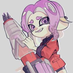 Rule 34 | 1girl, bike shorts, black shorts, commentary, furrowed brow, grey background, gun, heavy edit splatling (splatoon), highres, holding, holding gun, holding weapon, jacket, looking at viewer, medium hair, nintendo, nupi (nu 55), octoling, octoling girl, octoling player character, open mouth, purple eyes, purple hair, red jacket, sample watermark, shorts, simple background, smile, solo, splatoon (series), splatoon 3, symbol-only commentary, teeth, tentacle hair, thick eyebrows, watermark, weapon