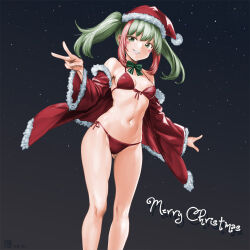 Rule 34 | bikini, christmas, coat, commentary request, from below, front-tie bikini top, front-tie top, fur-trimmed coat, fur-trimmed headwear, fur trim, green hair, hat, highres, looking at viewer, merry christmas, minamoto80486, multicolored hair, navel, original, parted lips, red bikini, red coat, red hair, red hat, santa hat, side-tie bikini bottom, smile, swimsuit, two-tone hair, v