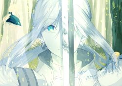 Rule 34 | 1boy, androgynous, armor, bedivere (fate), blue eyes, cape, commentary request, contest winner, creat (kuribeni), fate (series), grass, looking at viewer, low twintails, pixiv fate/grand order contest 1, reflection, sidelocks, sword, tree, twintails, weapon