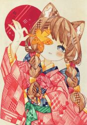 Rule 34 | 1girl, absurdres, animal ear fluff, animal ears, arm up, autumn, black eyes, black sash, blush, bow, braid, bright pupils, brown hair, cat ears, circle, commentary request, cowboy shot, flower-shaped pupils, hair bow, hands up, highres, holding, holding leaf, japanese clothes, kimono, layered clothes, layered kimono, leaf, long hair, long sleeves, looking at viewer, lupin strawberry, obi, obijime, one eye covered, orange bow, orange kimono, original, painting (medium), parted lips, patterned clothing, patterned hair, pink kimono, red bow, sash, smile, solo, symbol-shaped pupils, traditional media, twin braids, two-tone bow, watercolor (medium), white pupils, wide sleeves