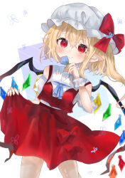 Rule 34 | 1girl, adapted costume, bare shoulders, blonde hair, blue flower, bow, breasts, clothes lift, crystal, flandre scarlet, flower, flower request, hat, highres, holding, holding flower, legs apart, lifting own clothes, mob cap, petite, pointy ears, ramochi, red eyes, red skirt, skirt, skirt hold, skirt lift, small breasts, solo, touhou, white hat, wings