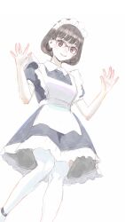 Rule 34 | 1girl, apron, blunt bangs, bob cut, brown eyes, brown hair, dress, from below, glasses, hands up, highres, leg lift, maid, maid apron, maid headdress, original, peco (pockleberry), puffy short sleeves, puffy sleeves, semi-rimless eyewear, short sleeves, smile, thighhighs, white thighhighs