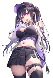 Rule 34 | 1girl, absurdres, bare shoulders, baseball cap, black hair, black hat, black nails, black shirt, black skirt, black thighhighs, breasts, cleavage, clothing cutout, cowboy shot, crop top, cunnilingus gesture, ear piercing, earrings, gomashio ponz, gradient clothes, half-skirt, hand up, hat, highleg, highres, jewelry, large breasts, long hair, long sleeves, looking at viewer, midriff, miniskirt, multicolored hair, nail polish, navel, original, panty straps, piercing, pleated skirt, red eyes, ring, shirt, shoulder cutout, shrug (clothing), sidelocks, skindentation, skirt, sleeveless, sleeveless shirt, solo, standing, stomach, streaked hair, thigh strap, thighhighs, thighs, tongue, tongue out, twintails, v, white sleeves, zettai ryouiki