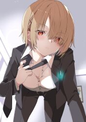 Rule 34 | 1girl, blonde hair, blush, breasts, cleavage, hair ornament, hair over one eye, heaven burns red, highres, jacket, k i49, kayamori ruka, long sleeves, looking at viewer, medium breasts, necktie, pov, red eyes, removing necktie, shirt, short hair, solo, white shirt