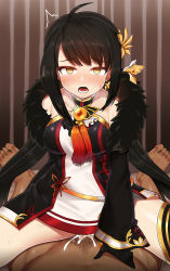 Rule 34 | 1boy, 1girl, :o, ahegao, ara haan, ara han, black gloves, black hair, blush, choker, clothed female nude male, clothed sex, cowgirl position, cum, cum in pussy, elsword, feather boa, girl on top, gloves, hetero, male pubic hair, nt00, nude, open mouth, cum overflow, penis, pubic hair, sex, short hair, single thighhigh, solo focus, spread legs, straddling, striped, striped background, tassel, teeth, thighhighs, vaginal, vertical stripes, wide-eyed, yama raja (elsword), yellow eyes