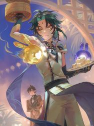 Rule 34 | 2boys, aqua hair, arm tattoo, arm up, bamboo steamer, bead necklace, beads, black hair, brown hair, cloud, crossed arms, earrings, facial mark, food, forehead mark, genshin impact, gloves, green hair, hair between eyes, highres, holding, holding plate, jacket, jewelry, lantern, long hair, male focus, mizuku hei, multicolored hair, multiple boys, necklace, outdoors, parted lips, plate, ponytail, seelie (genshin impact), single earring, sky, sparkle, sweat, tattoo, xiao (genshin impact), yellow eyes, zhongli (genshin impact)