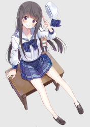 Rule 34 | 1girl, arm at side, arm up, bare legs, blue bow, blue bowtie, blue skirt, blunt bangs, blush, bow, bowtie, brown footwear, brown hair, charm, closed mouth, collarbone, eyebrows, from above, full body, hat, head tilt, holding, loafers, long hair, long sleeves, looking at viewer, looking up, maigoyaki, no legwear, omamori, original, plaid, plaid bow, plaid bowtie, plaid neckwear, plaid skirt, pleated skirt, purple eyes, shirt, shoes, sitting, skirt, smile, solo, unworn hat, unworn headwear, very long hair, white hat, white shirt