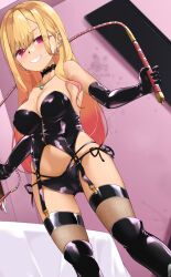 Rule 34 | 1girl, absurdres, blonde hair, bondage outfit, boots, breasts, choker, cleavage, dominatrix, earrings, fishnets, garter straps, gin (shioyude), gloves, highres, jewelry, kitagawa marin, large breasts, long hair, medium breasts, red eyes, solo, whip, zipper